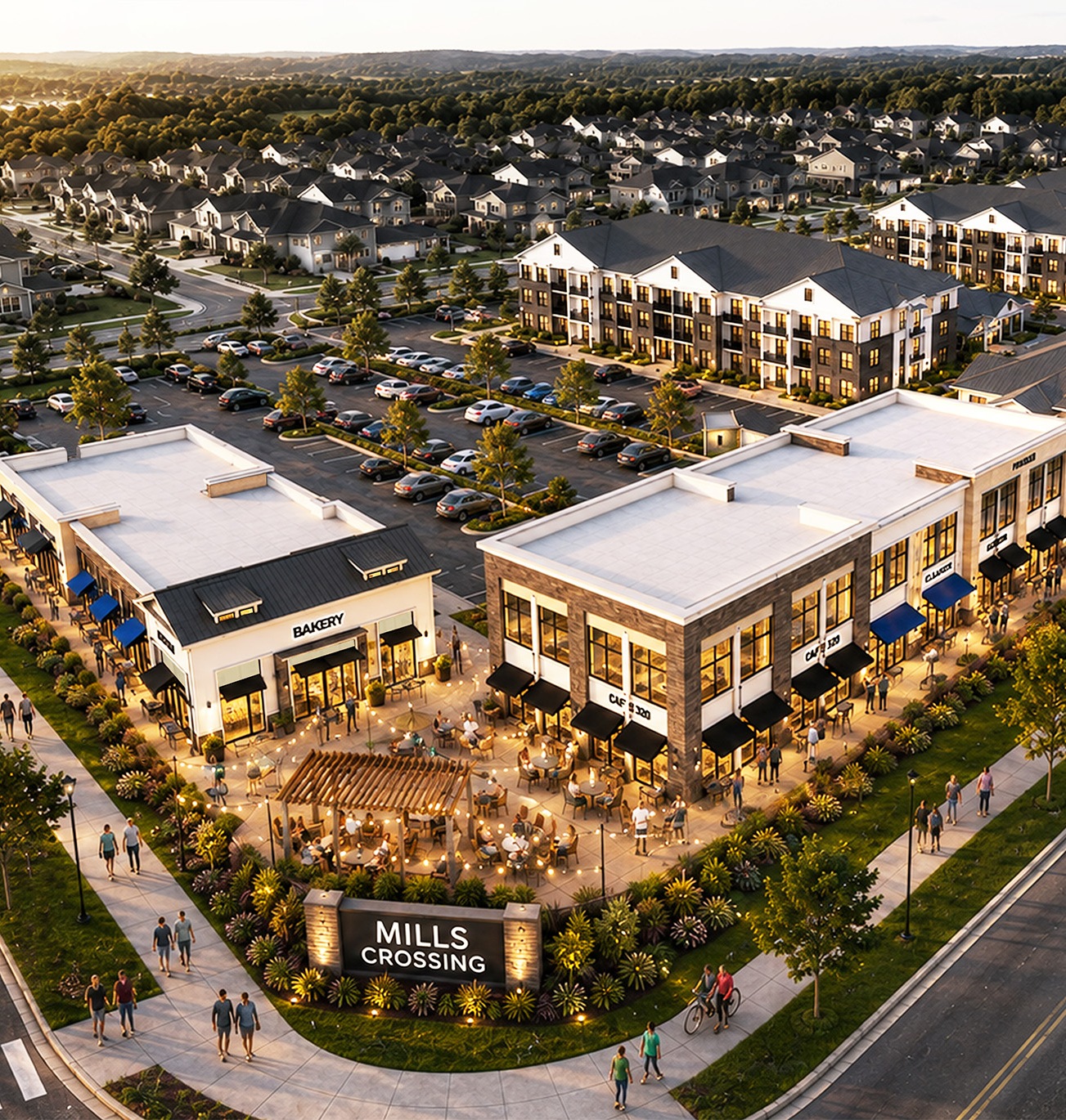 an aerial view of Mills Crossing