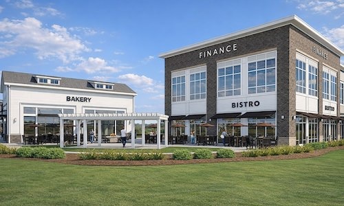 some buildings in a plaza