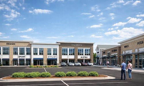 a shopping mall with people in a parking lot