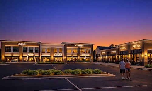a shopping mall with people in a parking lot